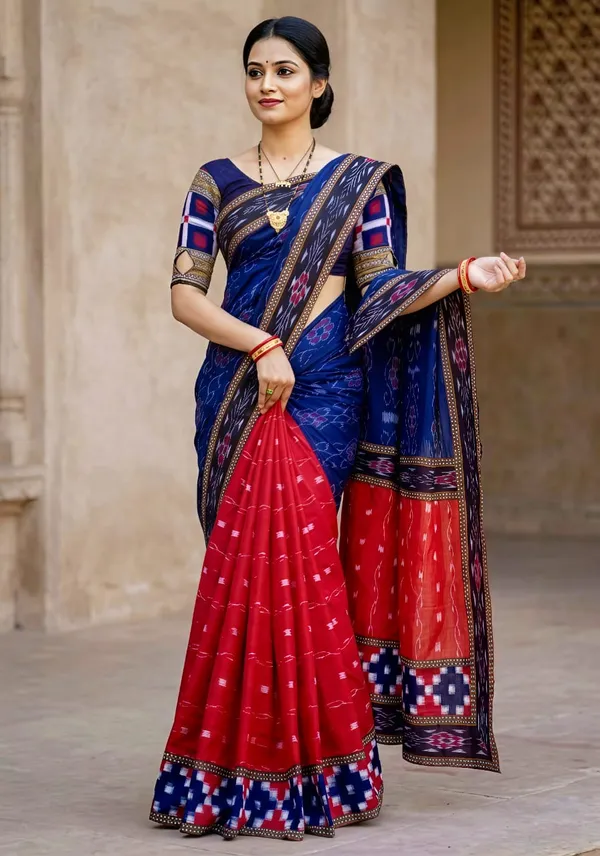 Blue_Red_Cotton_Printed_Saree_For_Women