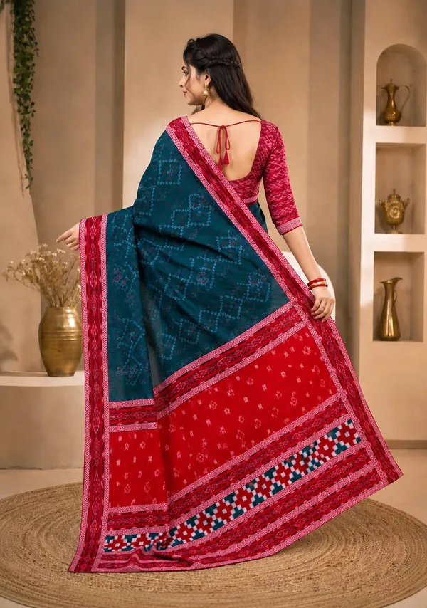 Blue_Red_Cotton_Printed_Ethnic_Saree_For_Women