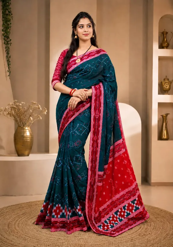 Blue_Red_Cotton_Printed_Ethnic_Saree_For_Women