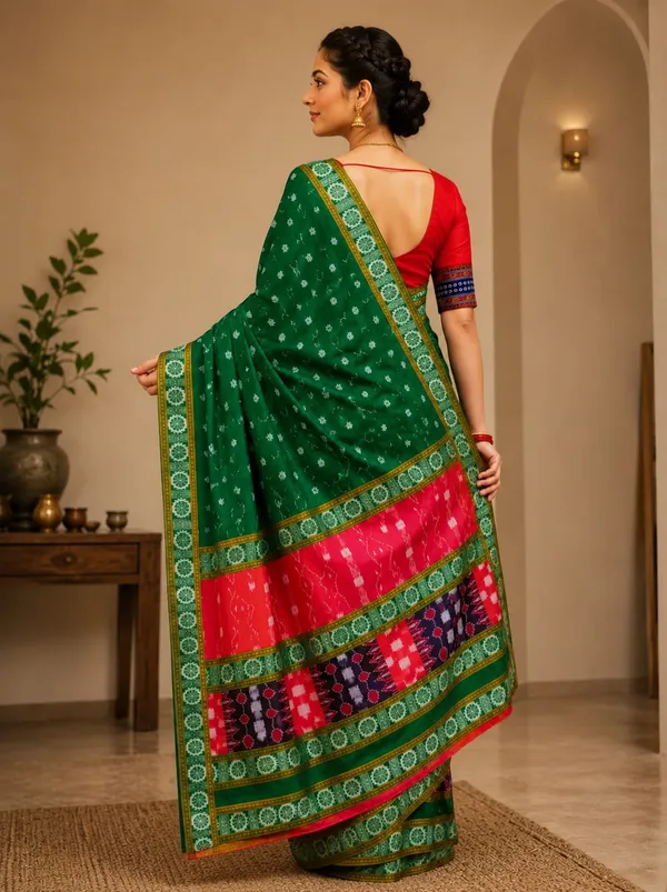 Green_Red_Cotton_Sambalpuri_Saree_For_Women