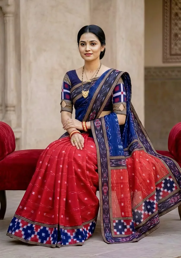 Blue_Red_Cotton_Printed_Saree_For_Women