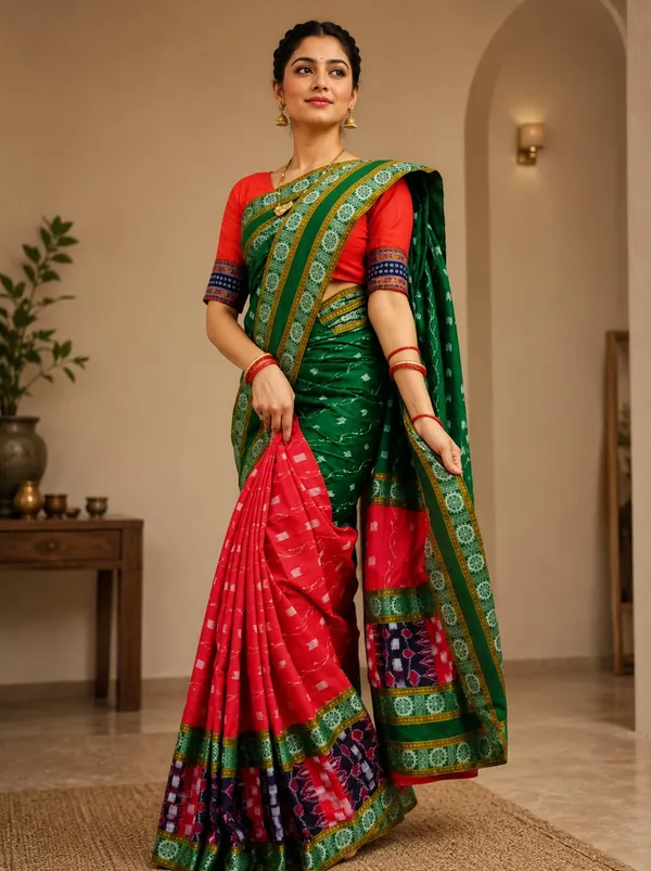 Green_Red_Cotton_Sambalpuri_Saree_For_Women