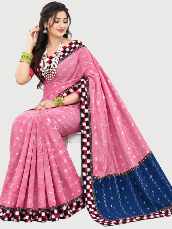 Pink_Blue_Cotton_Contrast_Border_Sambalpuri_Saree_For_Women