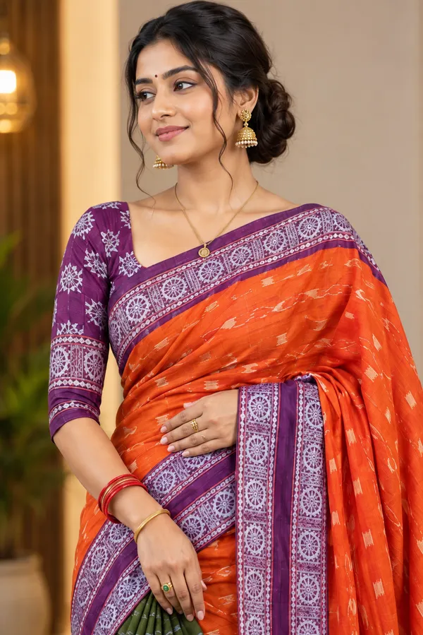 Orange_Cotton_Printed_Saree_For_Women