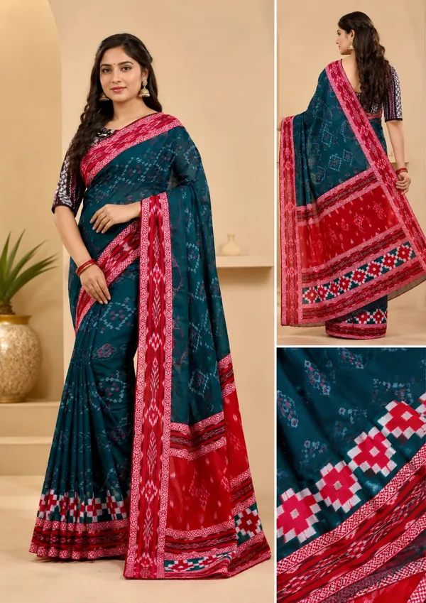 Blue_Red_Cotton_Printed_Ethnic_Saree_For_Women