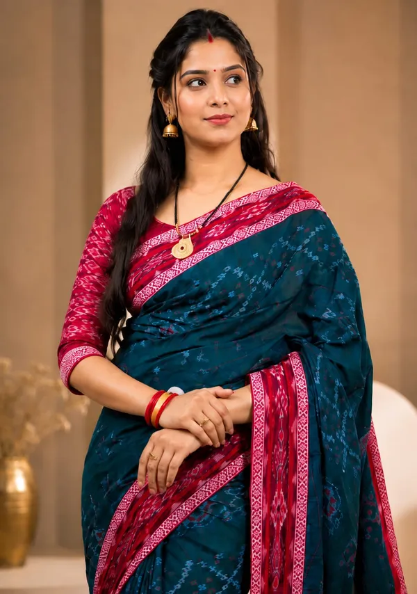 Blue_Red_Cotton_Printed_Ethnic_Saree_For_Women