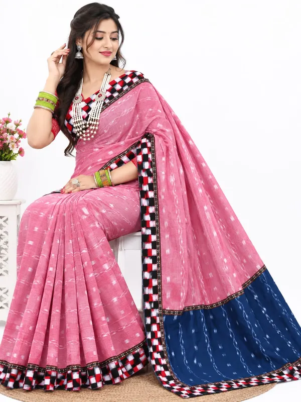 Pink_Blue_Cotton_Contrast_Border_Saree_For_Women
