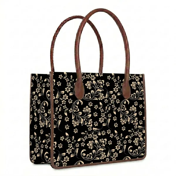 Black_Floral_Print_Tote_Handbag_For_Women