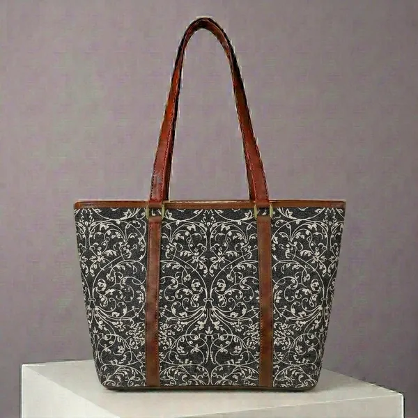 Grey_Floral_Print_Tote_Bag_For_Women