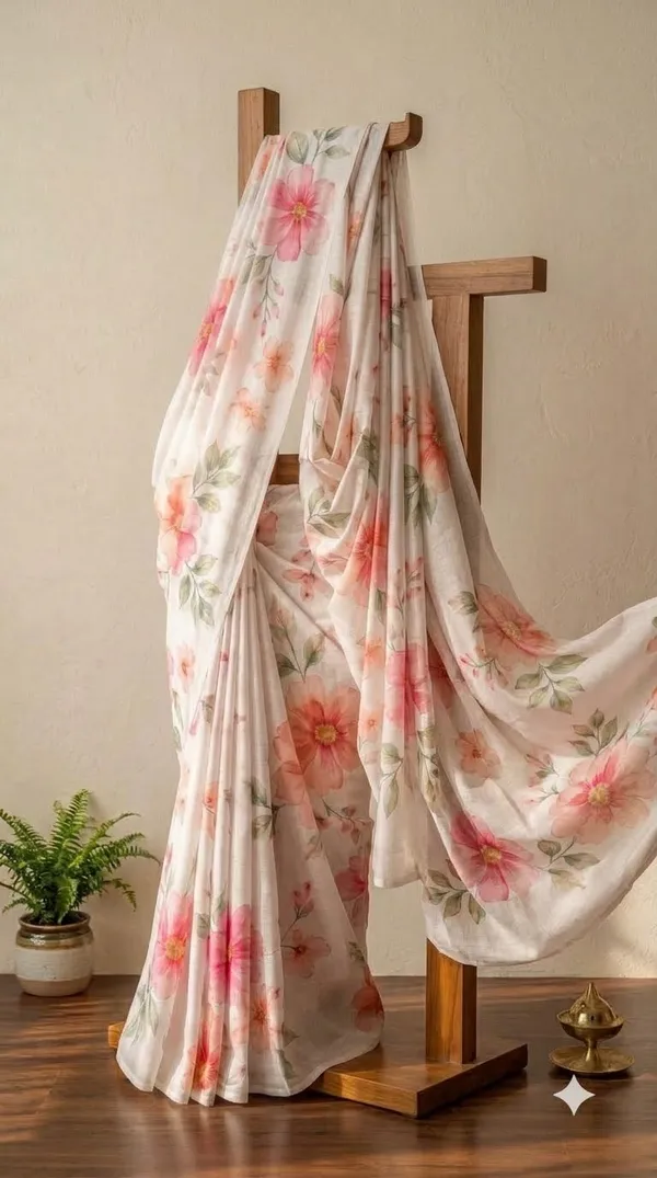 White_Floral_Print_Saree_For_Women