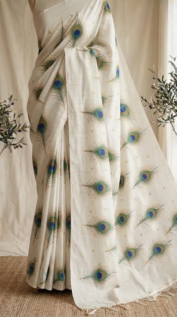 Off_White_Peacock_Print_Saree_For_Women