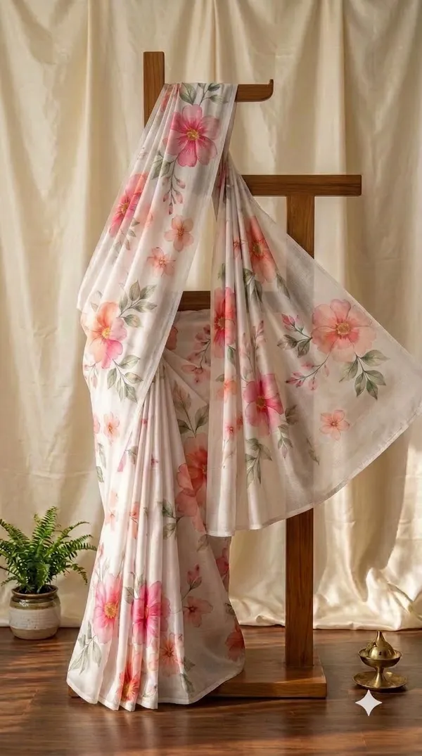 White_Floral_Print_Saree_For_Women