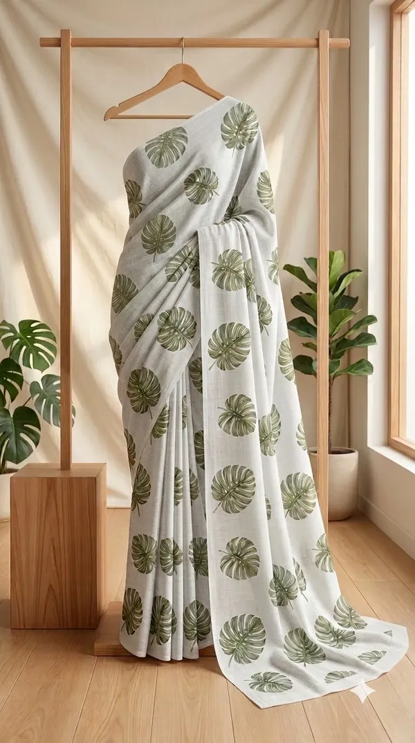 White_Cotton_Leaf_Print_Saree_For_Women