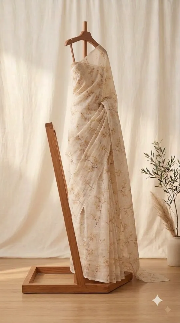 Beige_Linen_Floral_Print_Saree_For_Women