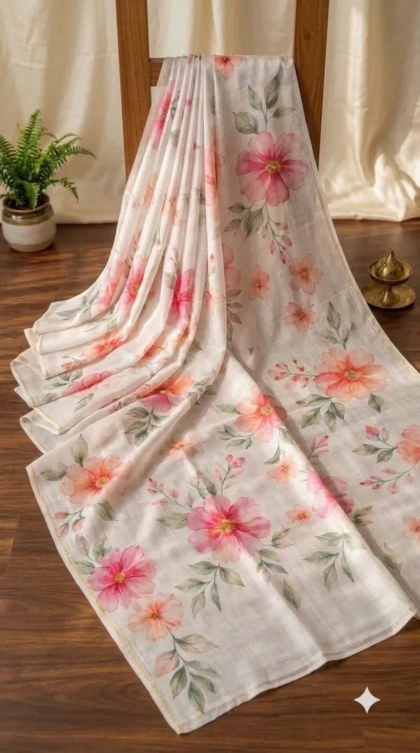 White_Floral_Print_Saree_For_Women