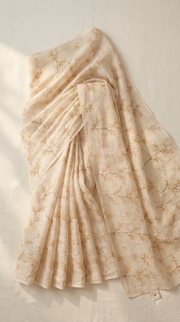 Beige_Linen_Floral_Print_Saree_For_Women