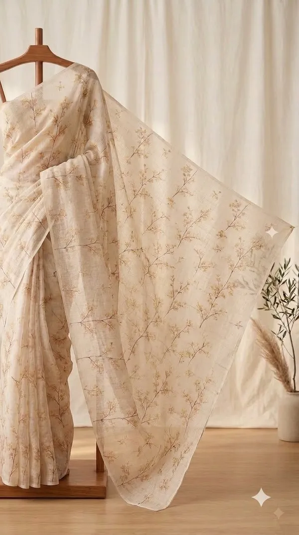Beige_Linen_Floral_Print_Saree_For_Women