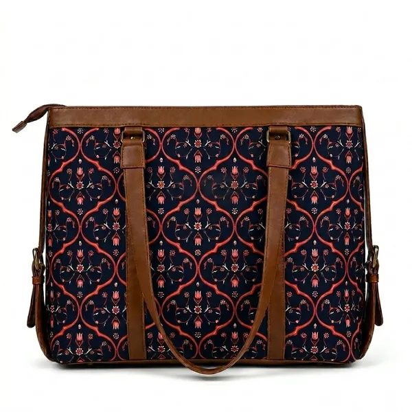 Navy_Printed_Tote_Bag_With_Brown_Trim_For_Women