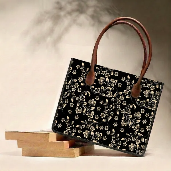 Black_Floral_Print_Tote_Handbag_For_Women