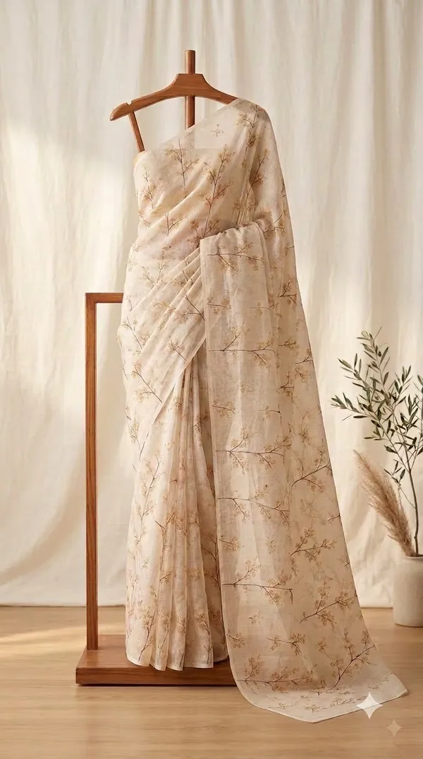 Beige_Linen_Floral_Print_Saree_For_Women