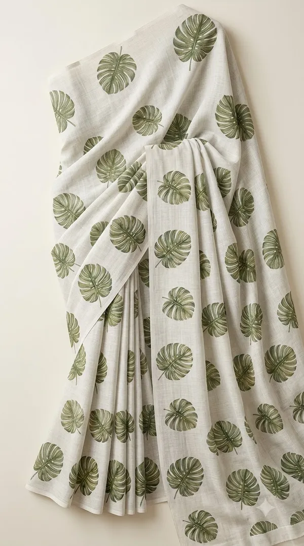 White_Cotton_Leaf_Print_Saree_For_Women