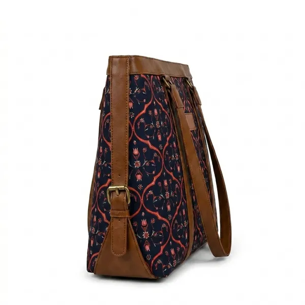 Navy_Printed_Tote_Bag_With_Brown_Trim_For_Women