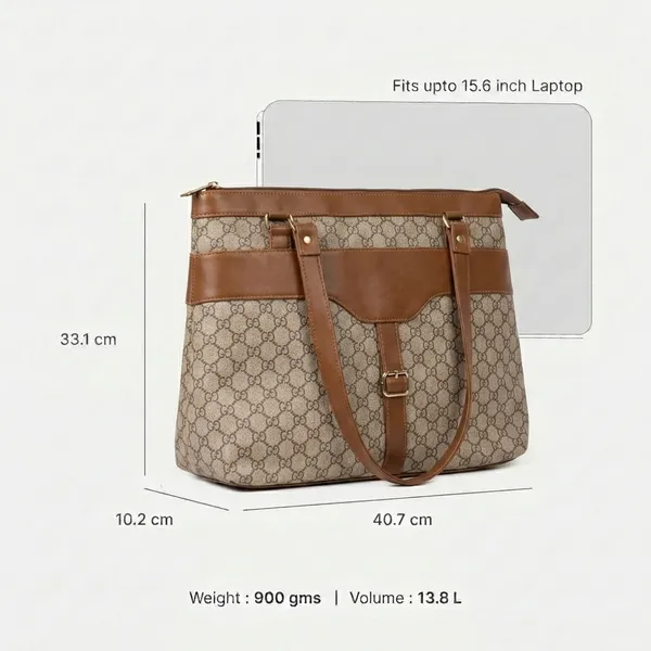 Brown_Printed_Fabric_Laptop_Tote_Bag_For_Women