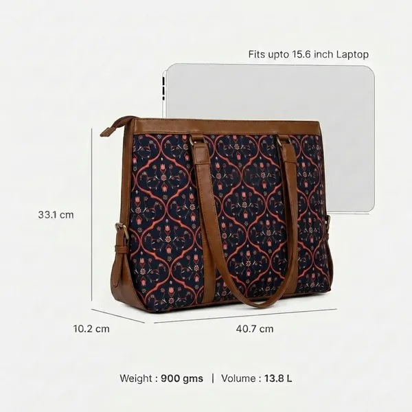 Navy_Printed_Tote_Bag_With_Brown_Trim_For_Women
