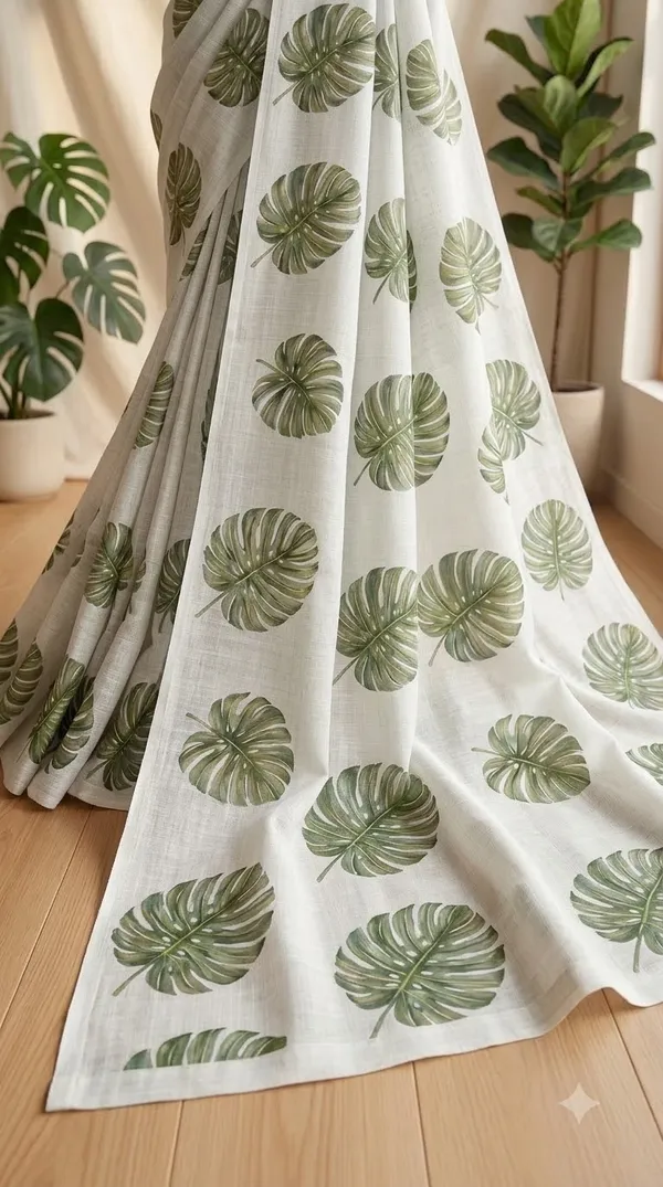White_Cotton_Leaf_Print_Saree_For_Women