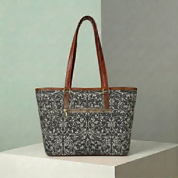 Grey_Floral_Print_Tote_Bag_For_Women