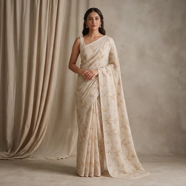 Beige_Linen_Floral_Print_Saree_For_Women
