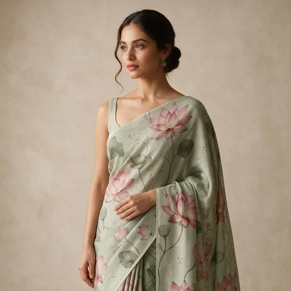 Sage_Green_Floral_Print_Saree_For_Women