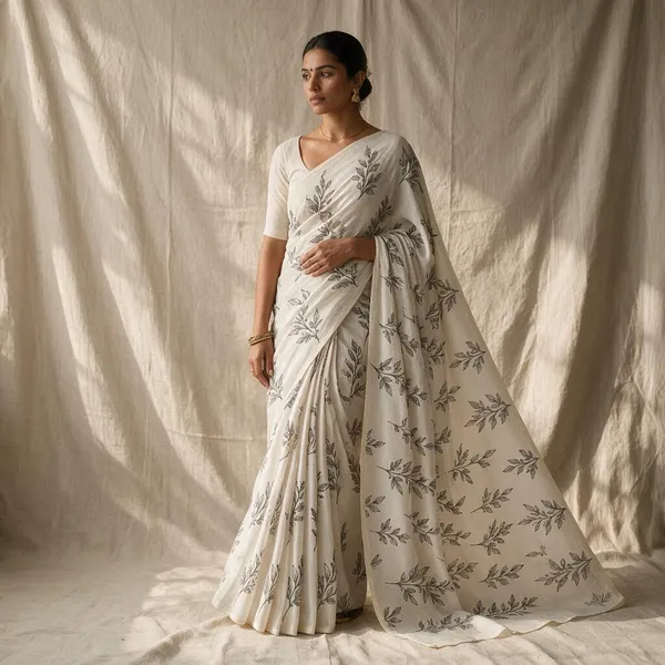 Ivory_Botanical_Print_Saree_For_Women