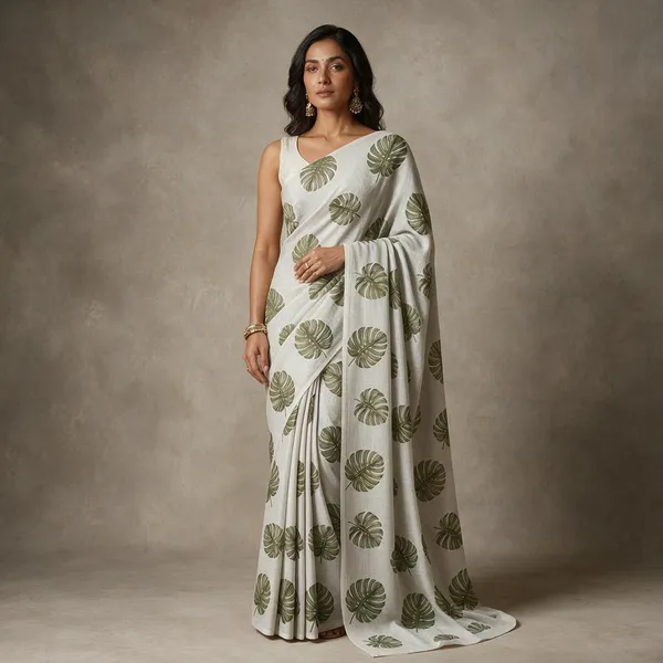 White_Cotton_Leaf_Print_Saree_For_Women