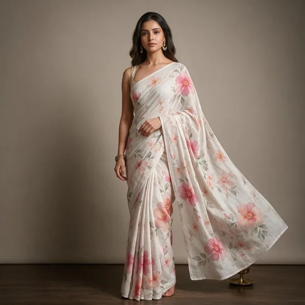 White_Floral_Print_Saree_For_Women