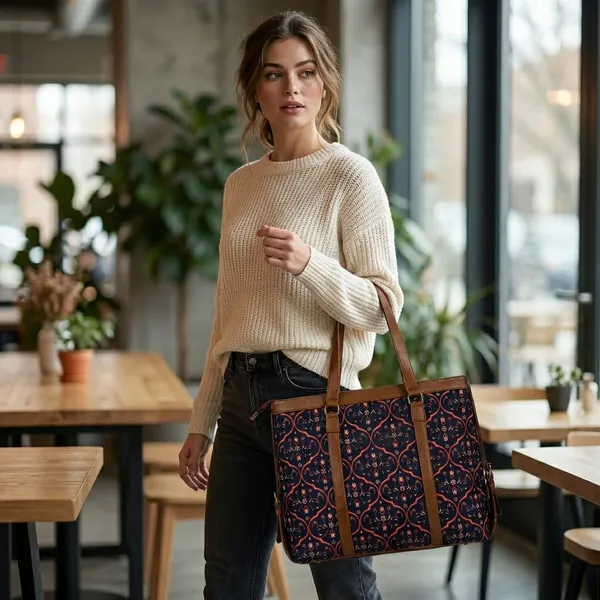 Navy_Printed_Tote_Bag_With_Brown_Trim_For_Women
