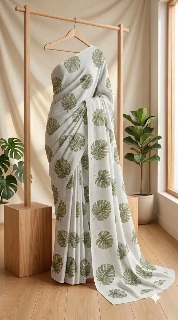 White_Cotton_Leaf_Print_Saree_For_Women