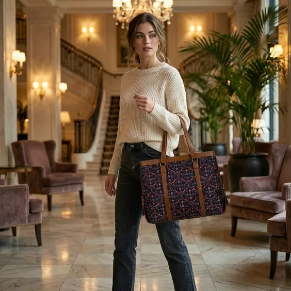 Navy_Printed_Tote_Bag_With_Brown_Trim_For_Women