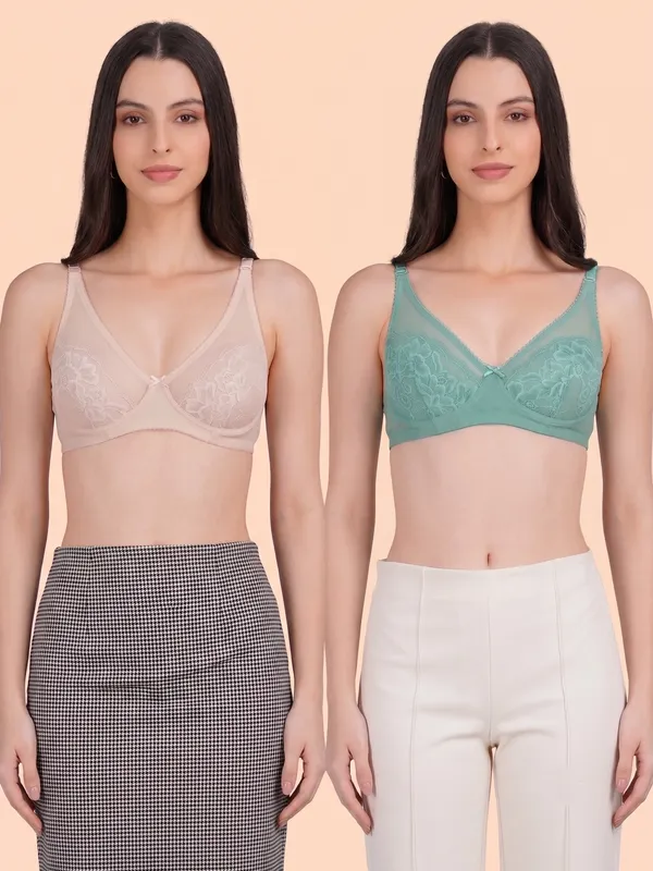 Beige_And_Blue_Nylon_Non-Padded_Wired_Bra_For_Women