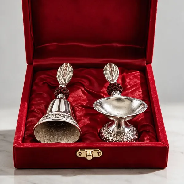 Premium_German_Silver_Puja_Bell_&_Diya_Set_With_Rudraksha_With_Red_Velvet_Box