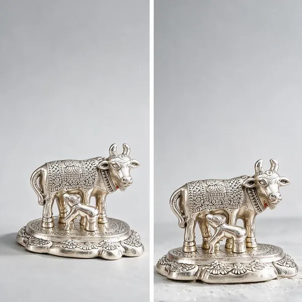 Premium_Quality_German_Silver_Kamdhenu_Cow_With_Calf_Idol_|_Vastu_Gau_Mata