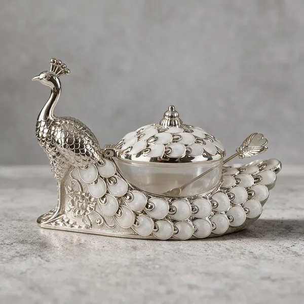 Silver-Tone_Peacock_Design_Serving_Bowl_With_Spoon
