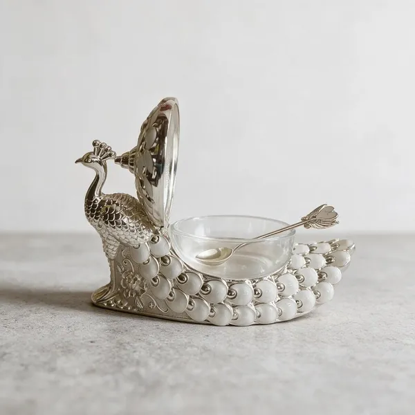 Silver-Tone_Peacock_Design_Serving_Bowl_With_Spoon