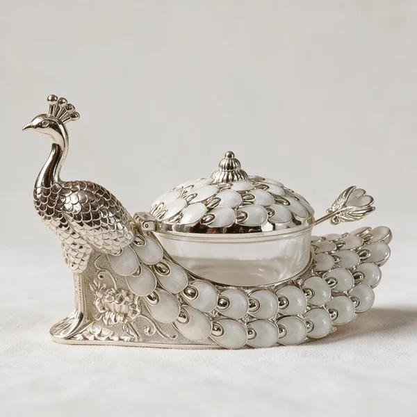 Silver-Tone_Peacock_Design_Serving_Bowl_With_Spoon