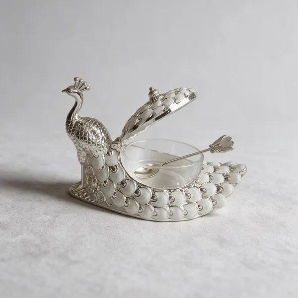 Silver-Tone_Peacock_Design_Serving_Bowl_With_Spoon