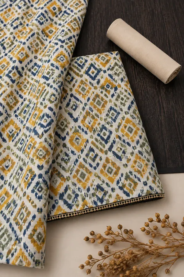 Mustard_Navy_Geometric_Printed_Kurta_Pant_Suit_Set_For_Women_Unstitched