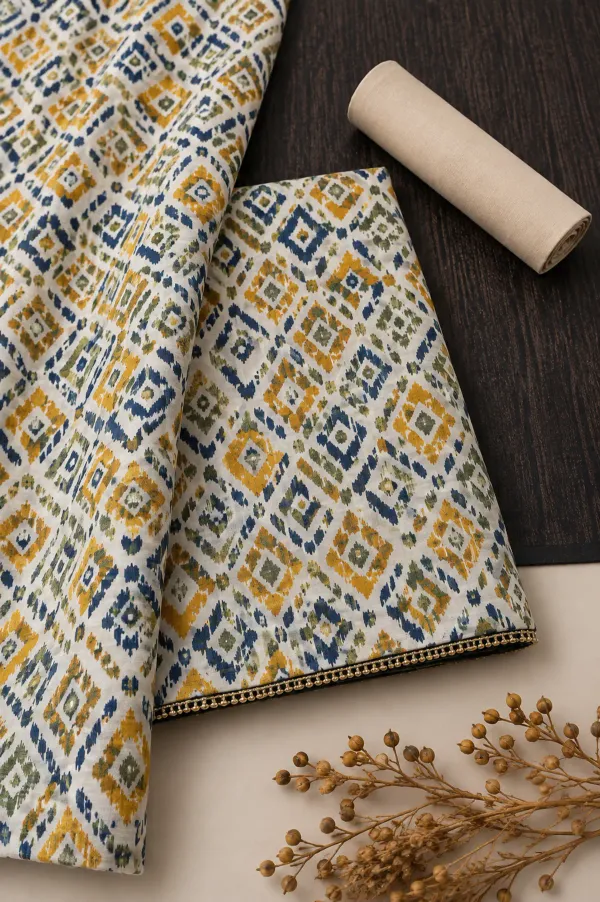 Mustard_Navy_Geometric_Printed_Kurta_Pant_Suit_Set_For_Women_Unstitched