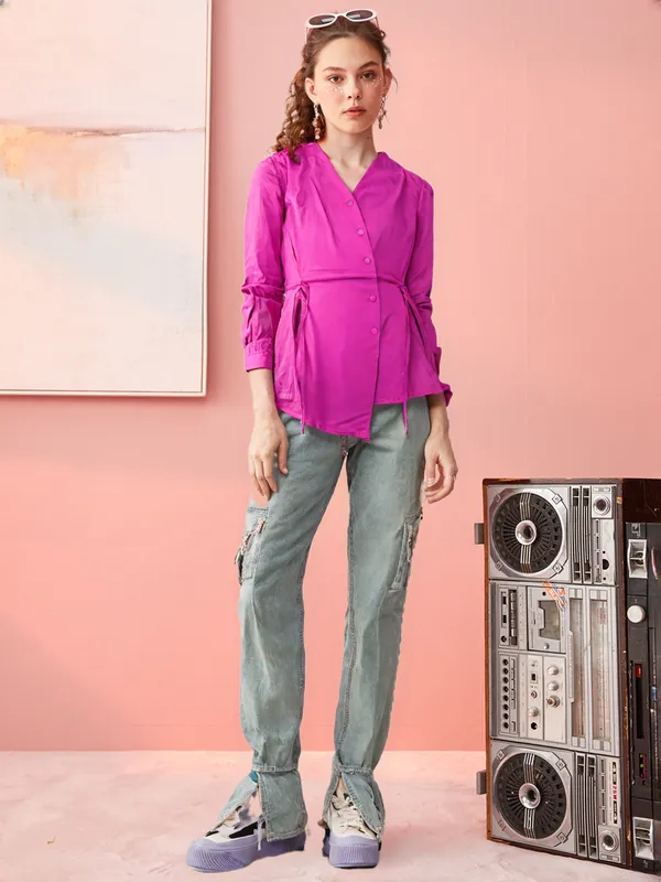 Women_S_V_Neck_Button_Down_Top_Magenta