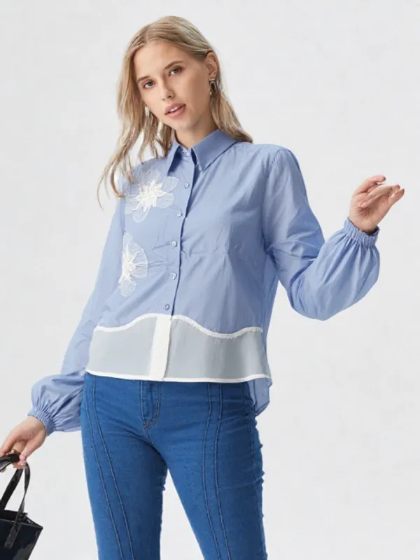 Women_S_Button_Down_Shirt_With_White_Floral_Embroidery_Sky