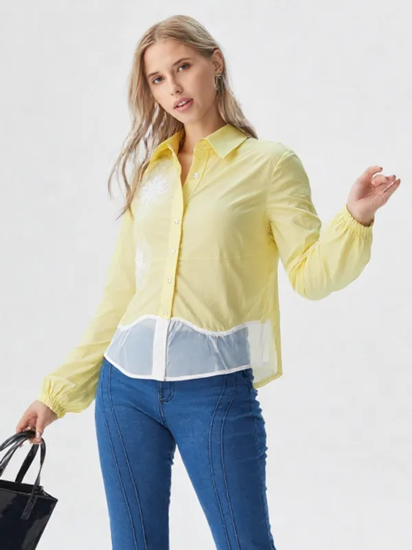 Women_S_Button_Down_Shirt_With_White_Floral_Embroidery_Lemon